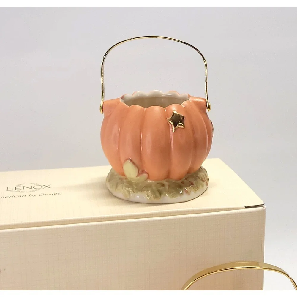 fall pumpkin jack-o-lantern Lenox votive set Halloween $70 porcelain ceramic